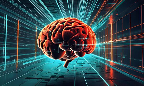 A red brain image in a futuristic blue and orange tech corridor. Artificial intelligence, neural networks, and learning concept