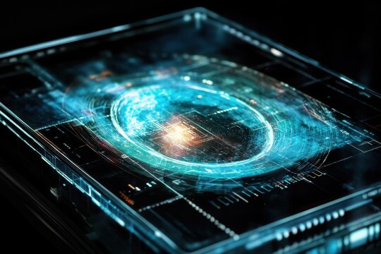 Data processing over scope scanning on a sleek transparent surface with vibrant visuals, data processing over scope scanning on black background