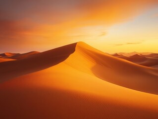Desert's Golden Hour: A majestic desert landscape, bathed in the warm hues of sunset, with rolling sand dunes under a vibrant sky. Witness the tranquil beauty of nature's artistry.