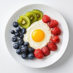 A perfectly cooked fried egg sits in the center of a white plate surrounded by fresh blueberries, raspberries, kiwi, and cucumber slices creating a vibrant and healthy breakfast.