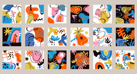 Trendy shapes collages. Abstract design, modern compositions, color doodle objects, contemporary elements. Scribble curve minimal forms, social media post background, decorative tidy vector set