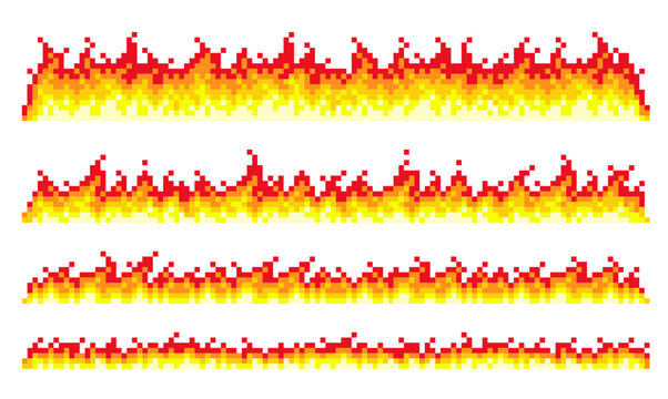 Pixel flame borders. 8 bit fire assets, linear burning effect, retro video game sprites, arcade elements, combustion, flammable silhouette, flat isolated illustration, qualitative vector set