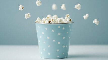Flying Popcorn Kernels from a Bucket with a Pastel Background
