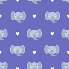 Seamless pattern of Elephant face with love shape. for poster, fabric pattern, wrapping paper, kids t-shirt, on purple background. Flat art design