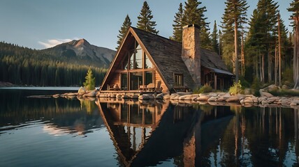Obraz premium Cozy A-frame cabin by a serene lake, surrounded by tall pine trees, reflecting in the water