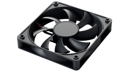 A close up of a black computer fan on a black background