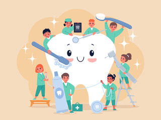 Dentists around tooth. Doctors kids cleaned drilled and examined, caries treatment and prevention, oral health care, toothbrush and toothpaste cartoon flat isolated classy vector concept