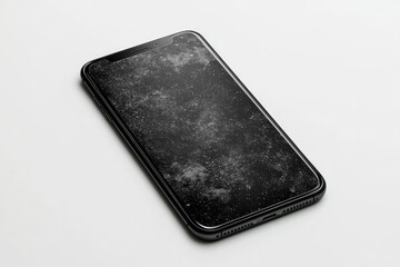 A smartphone with a heavily dust-covered screen, needs cleaning.