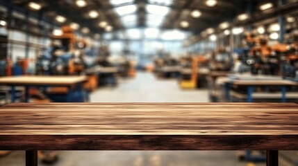 Empty wooden table in blurred industrial factory background.