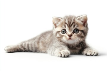 Obraz premium Adorable tabby kitten lying down on a white background, looking directly at the camera.
