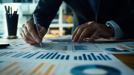 A person in a suit analyzing charts and graphs with a pen on a desk in a business environment