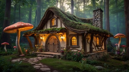 Enchanted fairy-tale cottage in the woods, with glowing windows, mushrooms, and magical floating lanterns