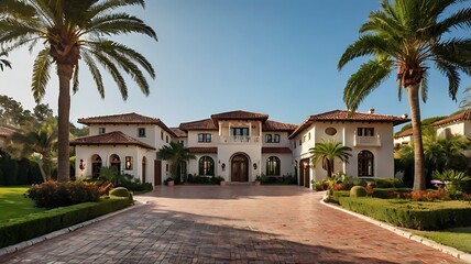 Fototapeta premium Expansive Mediterranean villa with red-tiled roof, grand entrance, and a tropical palm-lined driveway