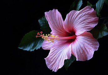 Delicate Pink Hibiscus Flower with Vibrant Petals and Green Leaves Captured Against a Black Background for Nature Photography Enthusiasts