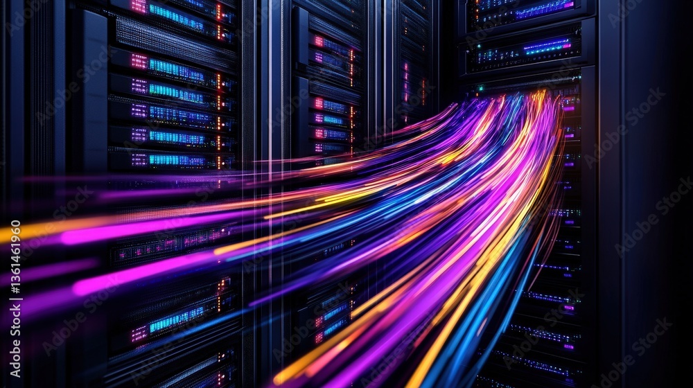 Poster high-tech server server with vibrant colorful lines representing data flow in a modern data center