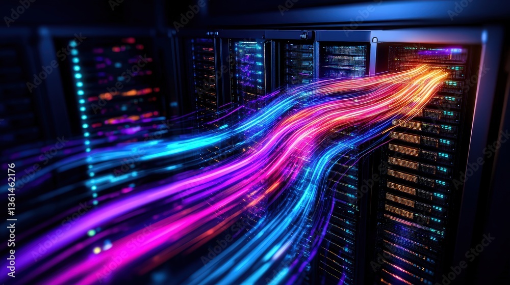 Poster dynamic server server with colorful lines and patterns showcasing modern data management solutions