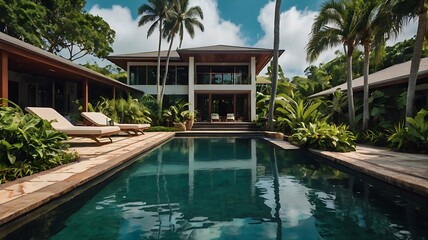 An 80s tropical luxury home with an open-air design, a massive pool, and lush greenery surrounding the property