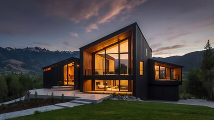 Fototapeta premium Black and wood modern house with sharp geometric lines, panoramic mountain backdrop, evening glow