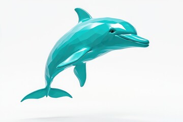 Obraz premium A teal, low-poly dolphin leaps gracefully against a white backdrop.
