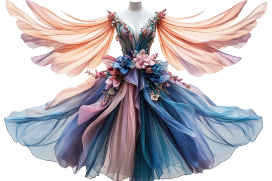 A Breathtaking Ethereal Gown, A Whimsical Dream Of Flowing Pastel Fabrics And Delicate Floral Embellishments, With Soft, Feathery Wings Creating A Magical, Fairy-like Effect Isolated on Transparent Ba
