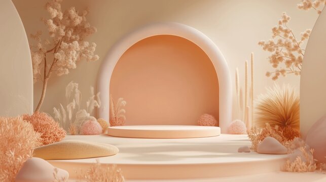 Soft pastel interior design showcasing a serene stage with natural elements