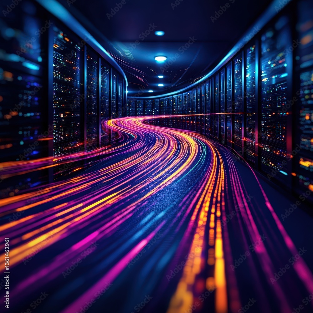 Poster dynamic server room with colorful led lights creating an engaging and futuristic tech environment