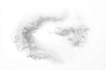 Fototapeta premium Abstract grayscale image showing a swirling cloud of dust or powder against a white background.