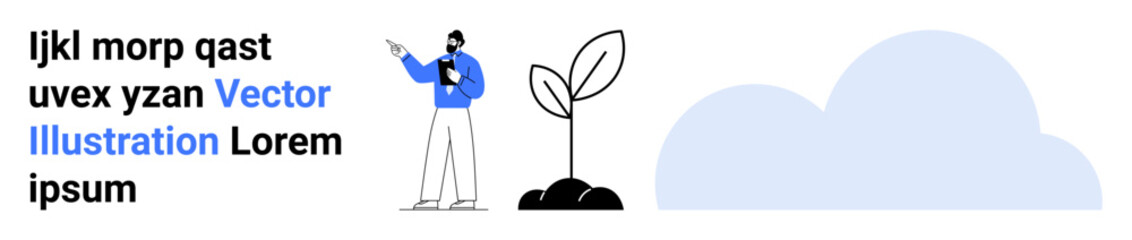 Business professional pointing at text, emphasizing growth with a sprouting plant and cloud element. Ideal for growth, innovation, business, environment, education, presentation, simple landing page