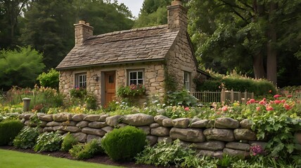 Charming stone cottage with flower beds, a wooden picket fence, and ivy climbing the walls