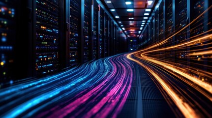Detailed view of a server room with numerous servers showcasing cutting-edge data technology
