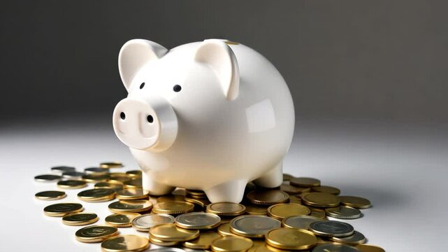 Smart Savings: A classic piggy bank rests atop a generous bed of shimmering coins, symbolizing financial prudence and future prosperity.