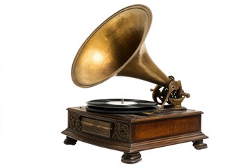 Antique gramophone with a large brass horn and wooden base, showcasing vintage music technology.