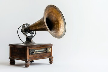 Antique gramophone with large brass horn and wooden base, showcasing vintage audio technology.
