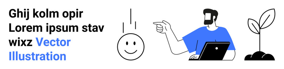 Man using a laptop, gesturing at a smiling face emotion, with a sprouting plant representing optimism, growth, and innovation. Ideal for teamwork, motivation, productivity, eco-consciousness