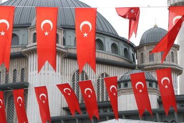 Turkish flags in the amazing Taksim Mosque in Istanbul