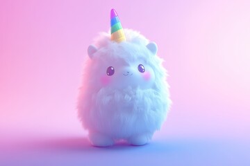 Adorable fluffy unicorn with rainbow horn, pastel background.