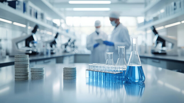 modern biotechnology lab features scientists in protective gear, with test tubes and beakers filled with blue liquid on table, alongside stacks of currency, highlighting research funding
