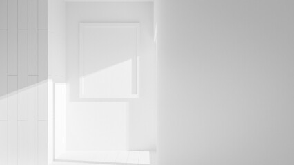 A room with a wooden door and a white frame on the wall. The room is empty and has a simple, clean look premium photo 3d render
