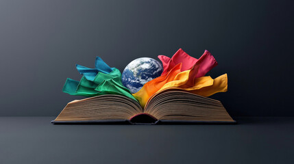 open book with colorful pages and glowing Earth emerging from it symbolizes global knowledge and creativity. vibrant colors and celestial theme evoke sense of wonder and inspiration