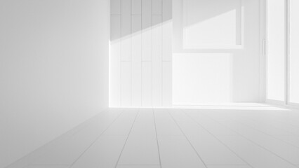 A room with a wooden door and a white frame on the wall. The room is empty and has a simple, clean look premium photo 3d render