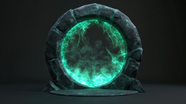 Mystical stone portal with glowing emerald green energy.