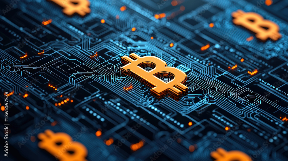 Poster digital representation of cryptocurrency symbols, prominently featuring glowing orange symbol on com