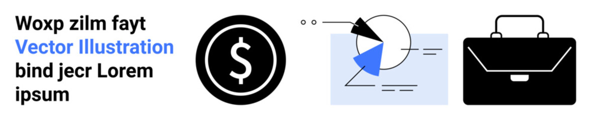 Dollar sign, pie chart with data points, and a work briefcase. Ideal for finance, business, investment, analytics, planning, strategy and simple landing page