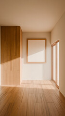 A room with a wooden door and a white frame on the wall. The room is empty and has a simple, clean look premium photo 3d render