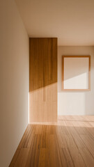 A room with a wooden door and a white frame on the wall. The room is empty and has a simple, clean look premium photo 3d render