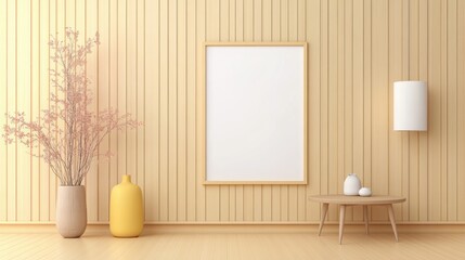 Minimalist interior with blank frame vase and small table