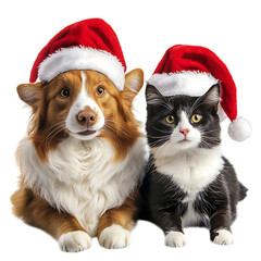cat and dog in christmas hats isolated on white background.