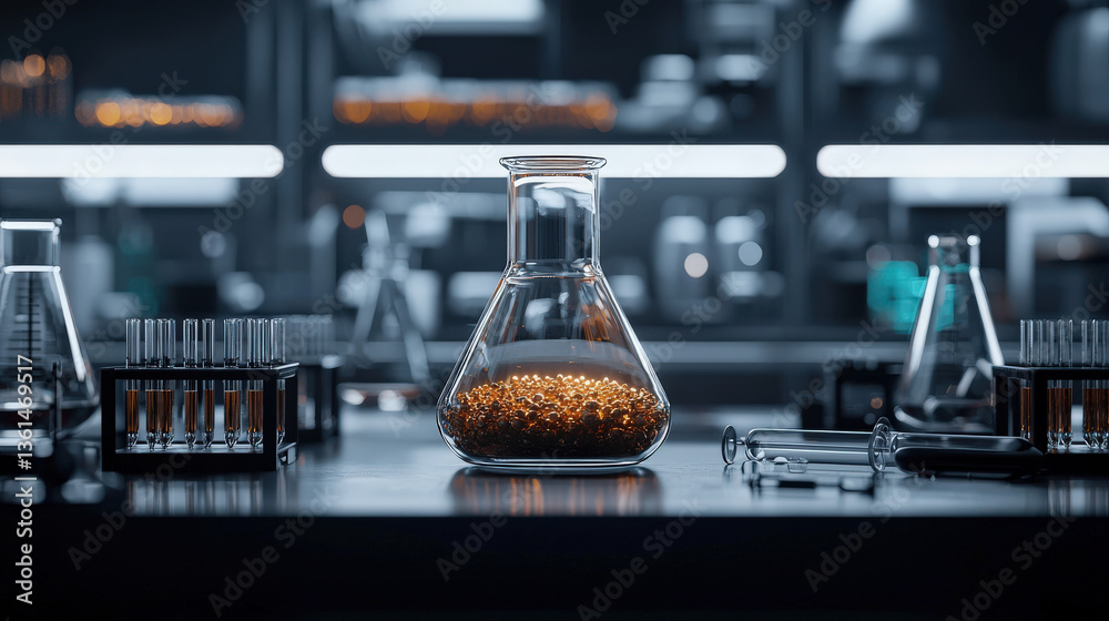 Fototapete laboratory setting with focus on glass flask containing glowing substance, surrounded by test tubes 