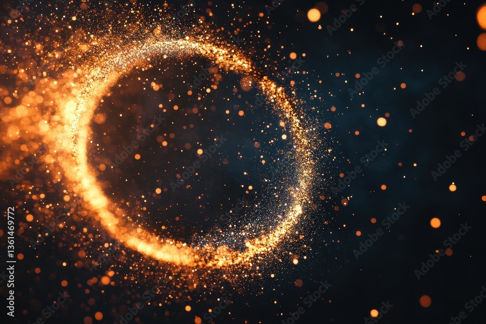 Poster Particles flowing outward from a luminous circular shape in a dark environment, Particles flow out from a circular shape
