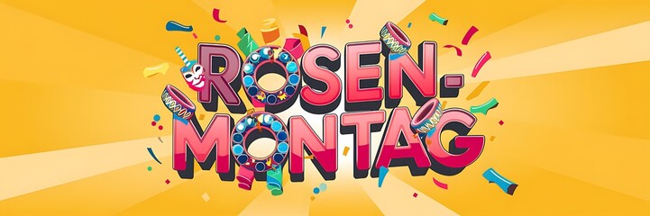 Fototapeta premium A bold and festive 2D graphic design celebrating Rosenmontag featuring the word ‘Rosenmontag’ in dynamic typography surrounded by colorful streamers, confetti, drums, balloons in lively carnival style
